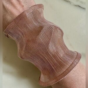 Large artsy minimalist copper sculptural crumpled metal mesh cuff bracelet